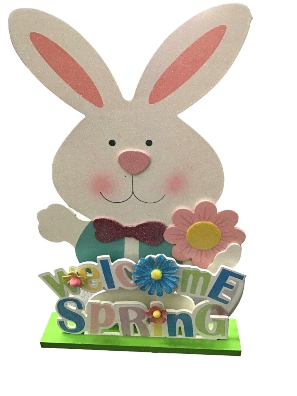 HANDCRAFTED WELCOME SPRING RABBIT /EASTER DEORATING WOODEN SHELF SITTER FIGURINE